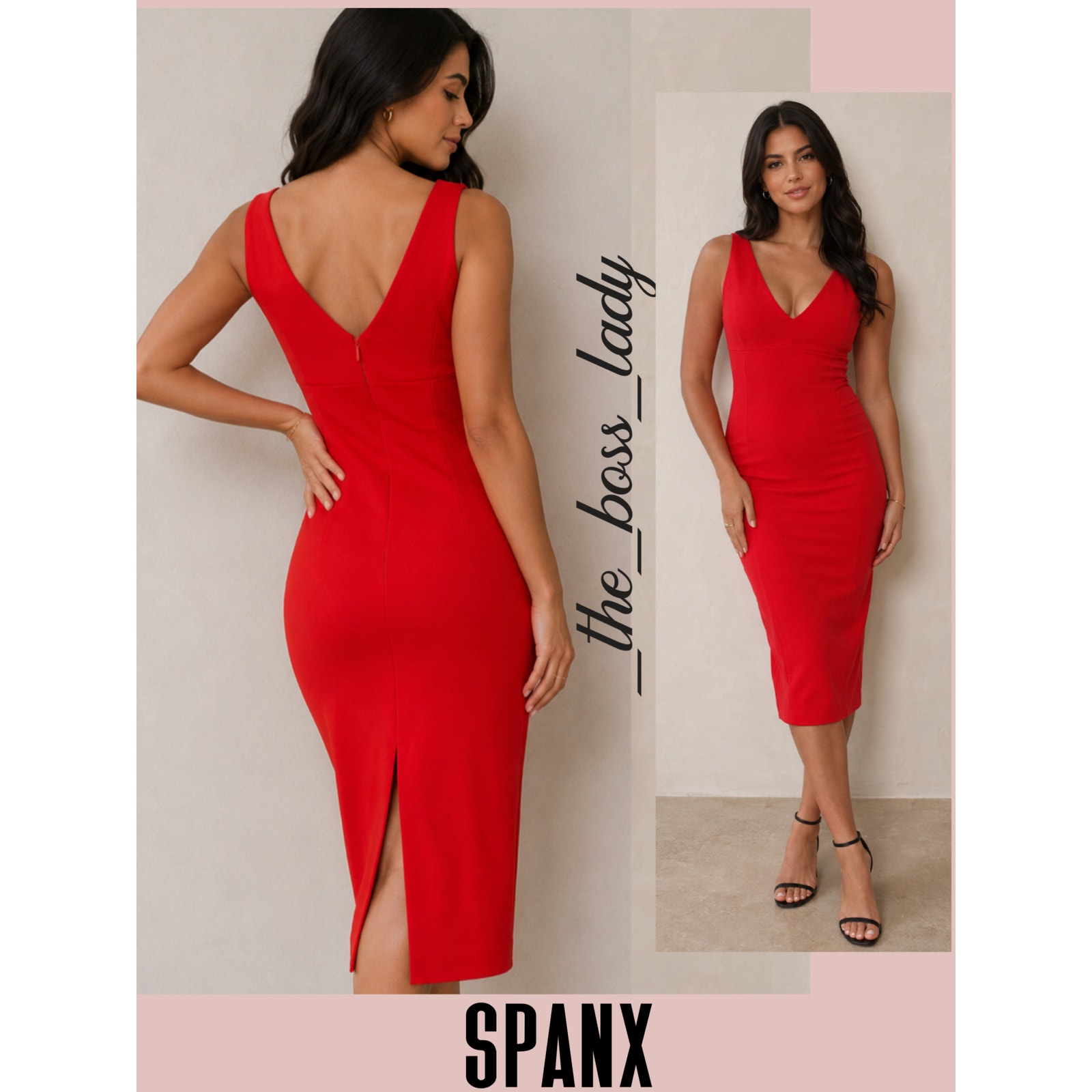 Spanx Midi Dress Stretchy V-Neck Sheath Back Slit Xs